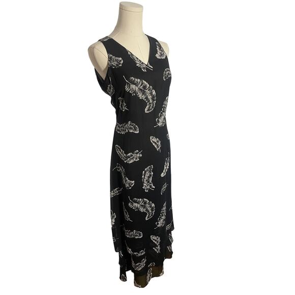 Vintage 90s 100% Silk Midi Length Dress Black + Feathers SMALL - Picture 5 of 9
